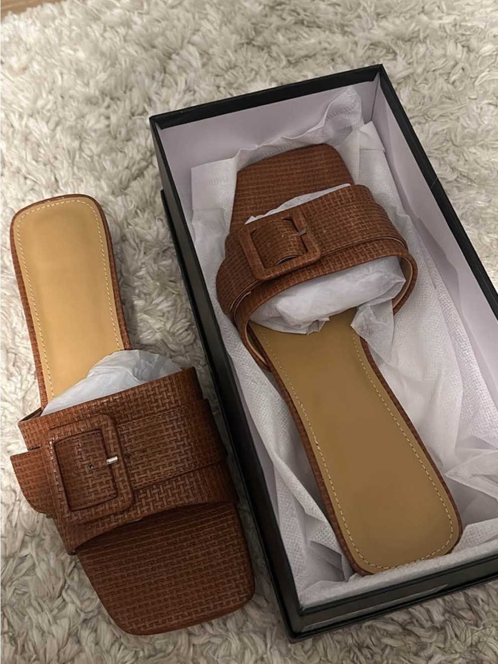 Amazon Brown Woven Buckle Slide Sandals